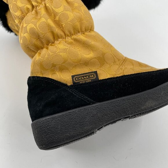 Coach Theona Gold Rabbit Fur Trim Winter Boots Womens 7B Logo Print Poof Zipper - Picture 8 of 10